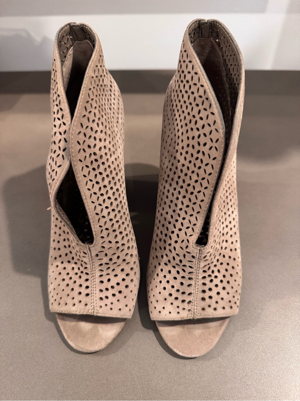 Vince Camuto Taupe Suede Peep-Toe Laser-Cut Booties